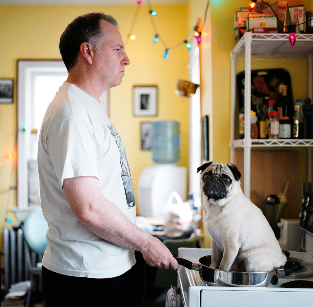 Guy Maddin with dog by winnipeg editorial photographer